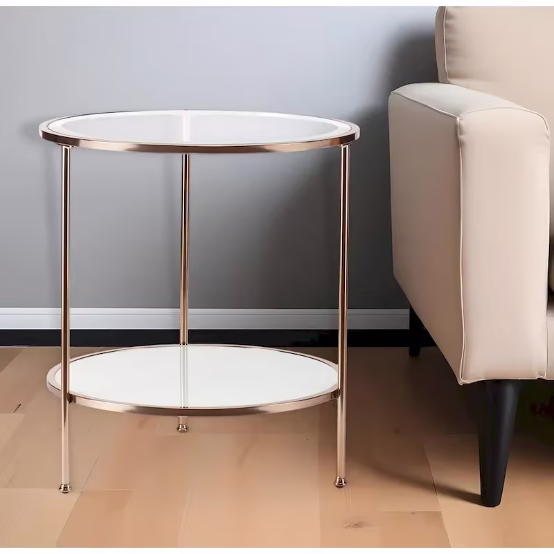 HomeRoots 26-Inch Gold Glass and Iron Round End Table with Shelf - Dimensions: 24.25 x 24.25 x 26.25 Inches