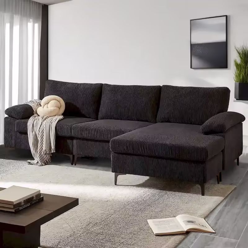 HOOOWOOO Reversible Corduroy Chaise Sofa with Wide Armrests and Ottoman for Living Room