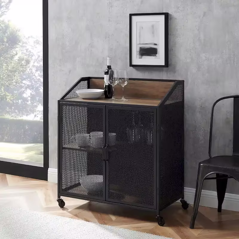 Industrial Bar Cabinet Cart with Mesh Doors Shelves and Wheels