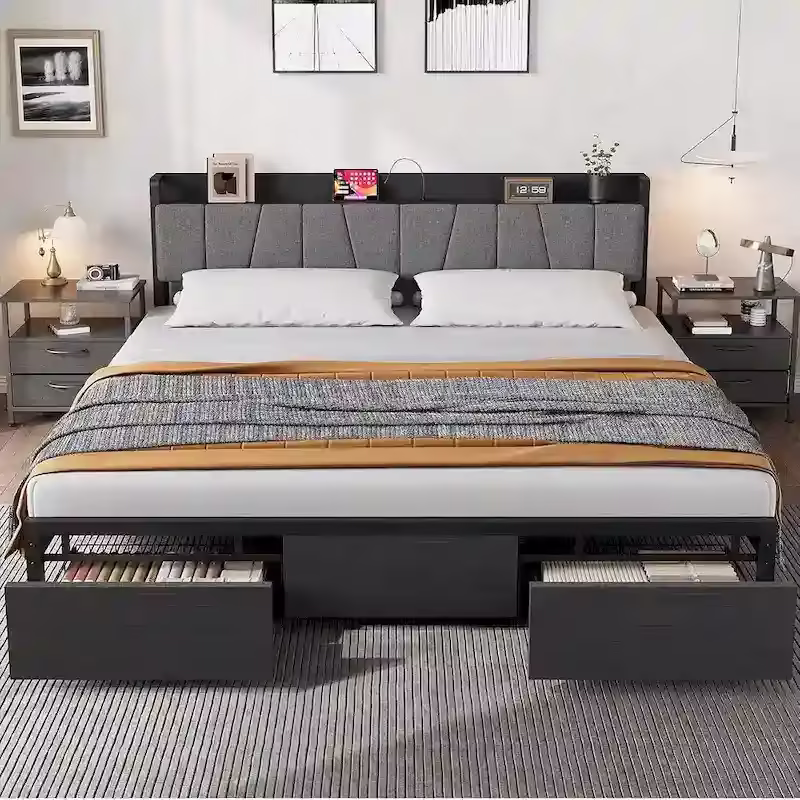 Industrial Black Bed Frame with Storage Headboard, Featuring 2 Spacious Drawers and Built-in Charging Station