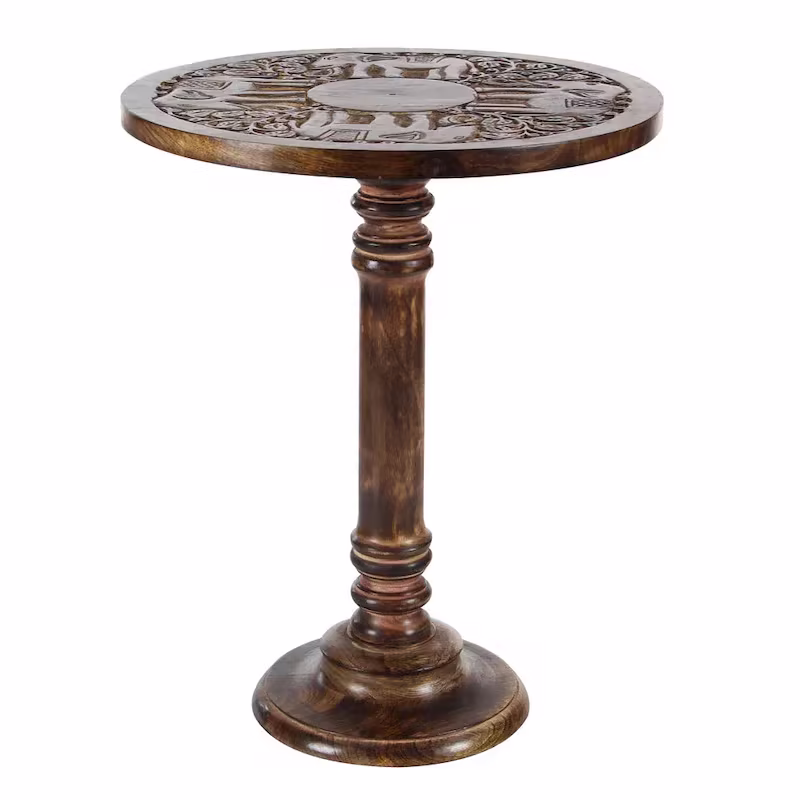Intricately Carved Dark Brown Mango Wood Accent Table with Elephant or Floral Design and Turned Base - Roche River Decor