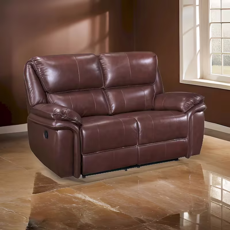 Jack 66-Inch Manual Recliner Loveseat in Plush Brown Top Grain Leather with Wood Accents