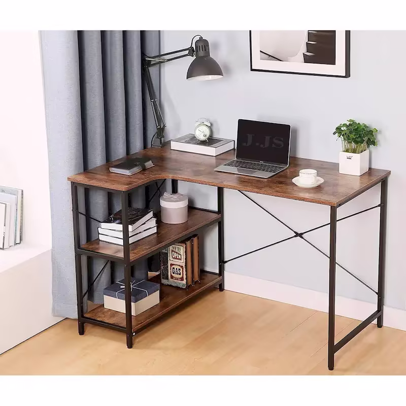 JJS L-Shaped Corner Desk for Home Office with Integrated Bookcase