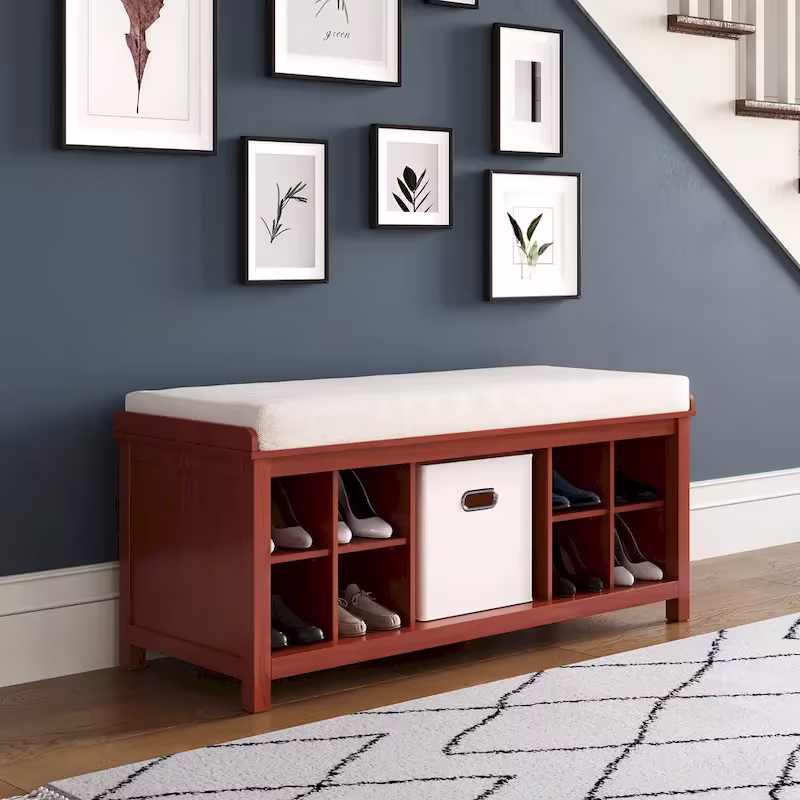 John Louis Home Mahogany Solid Wood Entryway Bench with 8 Shoe Cubbies