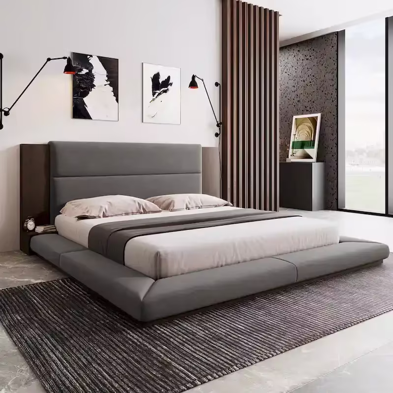 King Gray Upholstered Low Profile Platform Bed with Extended Wood Headboard and Integrated Nightstand Shelves