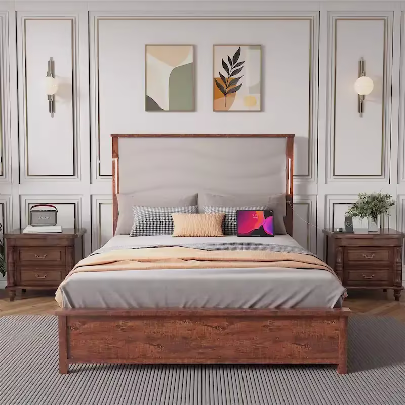 King Size Upholstered Bed Frame with Integrated Charging Station