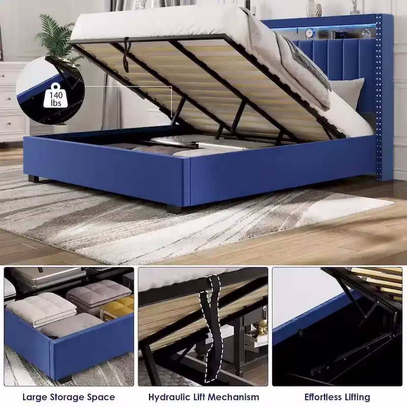 King Size Velvet Gas Lift Storage Bed with LED RF Lights and Storage Headboard