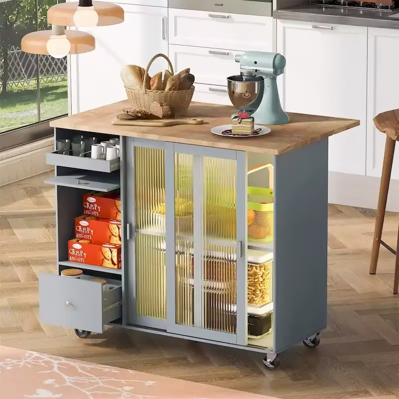 Kitchen Island with Drop Leaf Sliding Glass Doors and Storage on Wheels