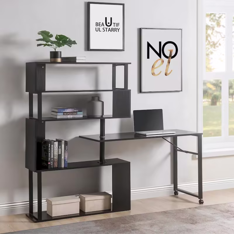 L-Shaped Corner Computer Desk with Rotating Features and 5-Tier Bookshelf for Home Office