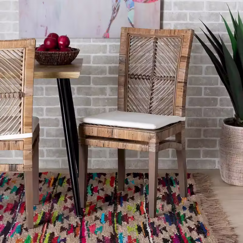 Laluna Contemporary Bohemian Rattan and Mahogany Dining Chair with Cushion
