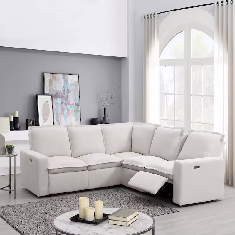 Linen Upholstered Power Recliner L-Shaped Sectional Sofa with USB Port - Soft Home Theater Seating for Living Room