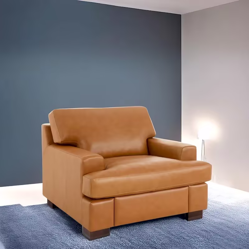 Luxurious Genuine Leather Accent Chair with Goose Feather Cushion, Square Arm Design, and Sturdy Block Legs