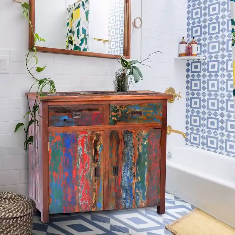 Marina Del Rey Eco-Friendly Teak Wood Linen Cabinet with 2 Doors and 2 Drawers