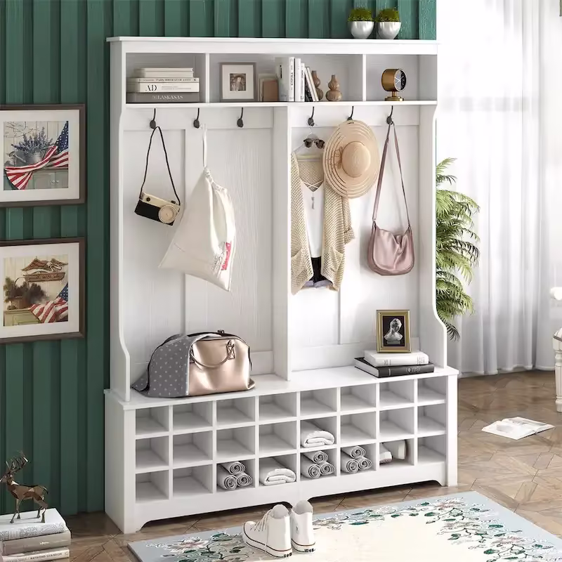 Merax Versatile Hall Tree with Hooks, Shelves, and 24 Shoe Storage Cubbies