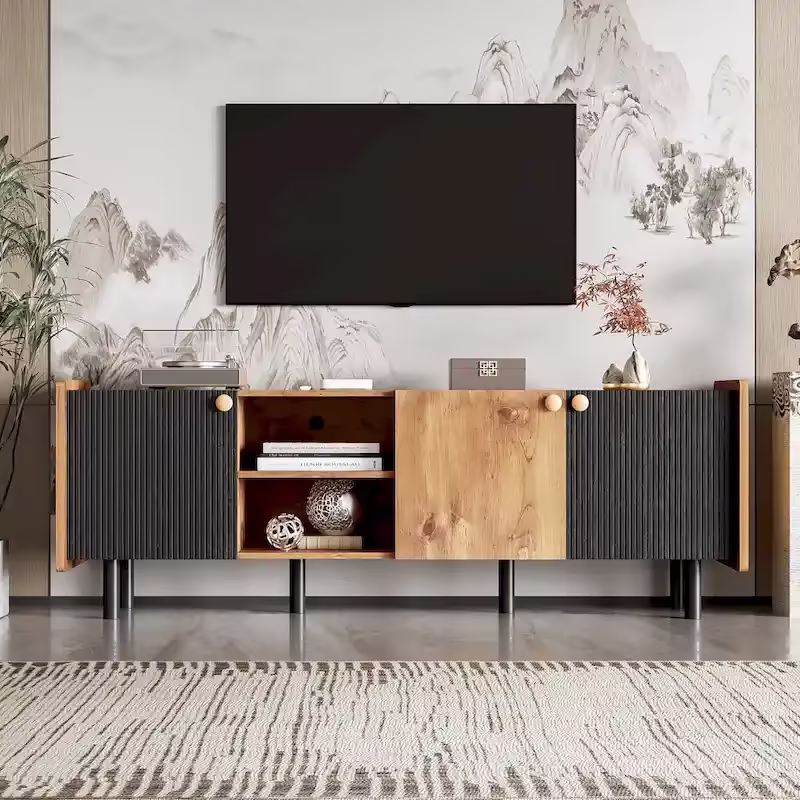 Mid-Century Modern TV Stand with 3 Cabinets - Media Console for TVs up to 70 inches, Stylish Entertainment Center with Storage for Living Room