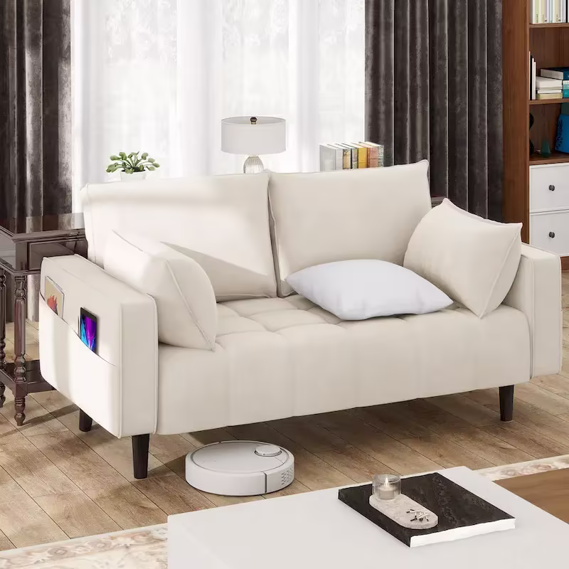 Moasis 56-Inch Velvet Tufted Loveseat Sofa with Button-Detail Seat and Convenient Side Storage Pocket