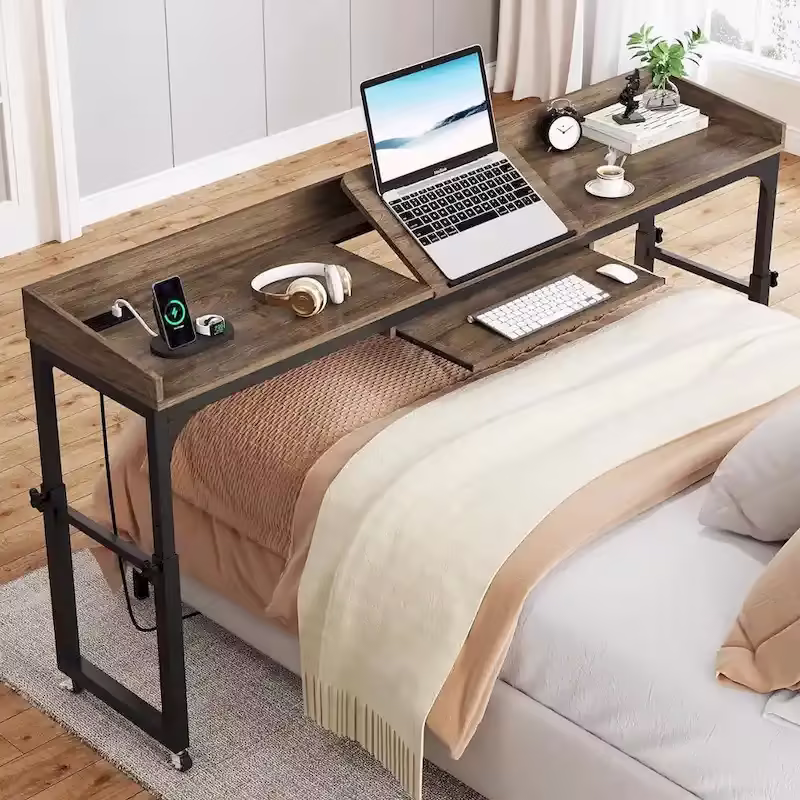 Mobile Height Adjustable Overbed Table with Wheels, Featuring Outlets and USB Ports for Laptops