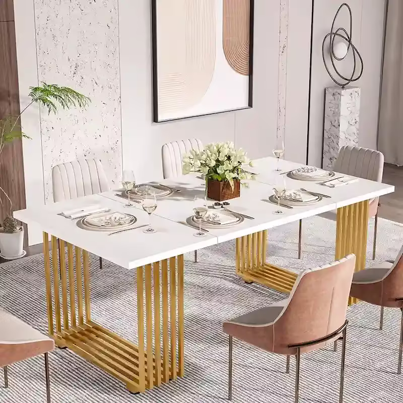 Modern Dining Table with Rectangular Top and Metal Base for 6 to 8 Seating