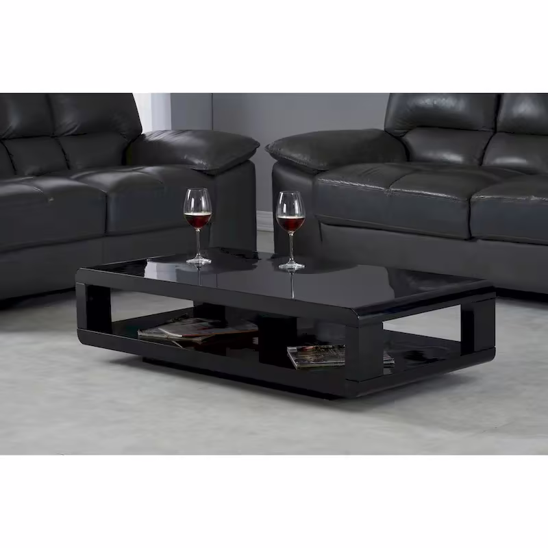 Modern Rectangular Coffee Table with Gloss Finish and Open Storage Shelf