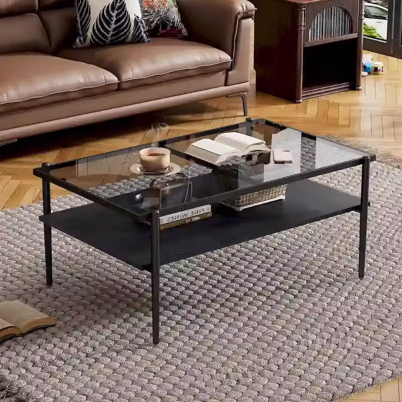 Modern Rectangular Coffee Table with Tempered Glass Surface for Living Room