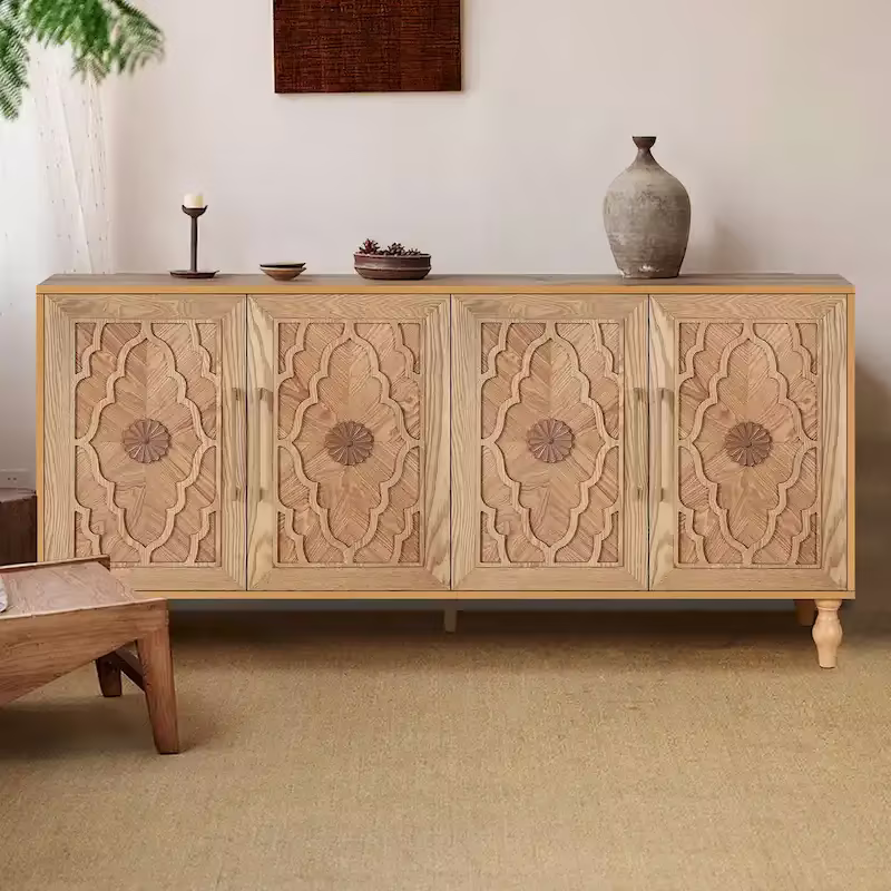 Carved Sideboard Cabinet with Storage Doors and Wooden Frame