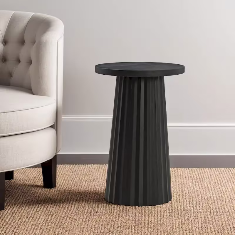 Ceil Round Accent Table with Classic Black Fluted Solid Wood Base - 14 Inches