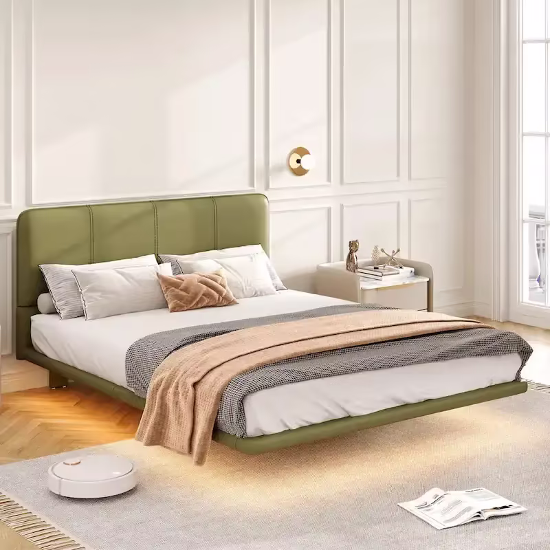Christopher Knight Home Korli Contemporary Upholstered Leather Floating Bed Frame and Headboard Set with LED Lighting