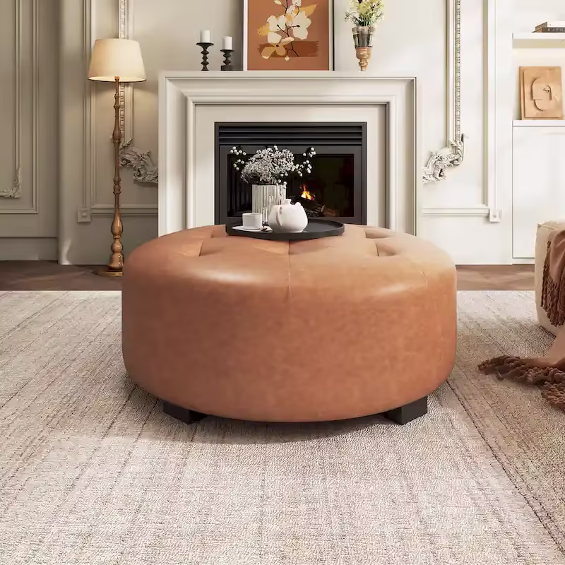 Christopher Knight Home Round Ottoman with Button Tufting in PU Leather