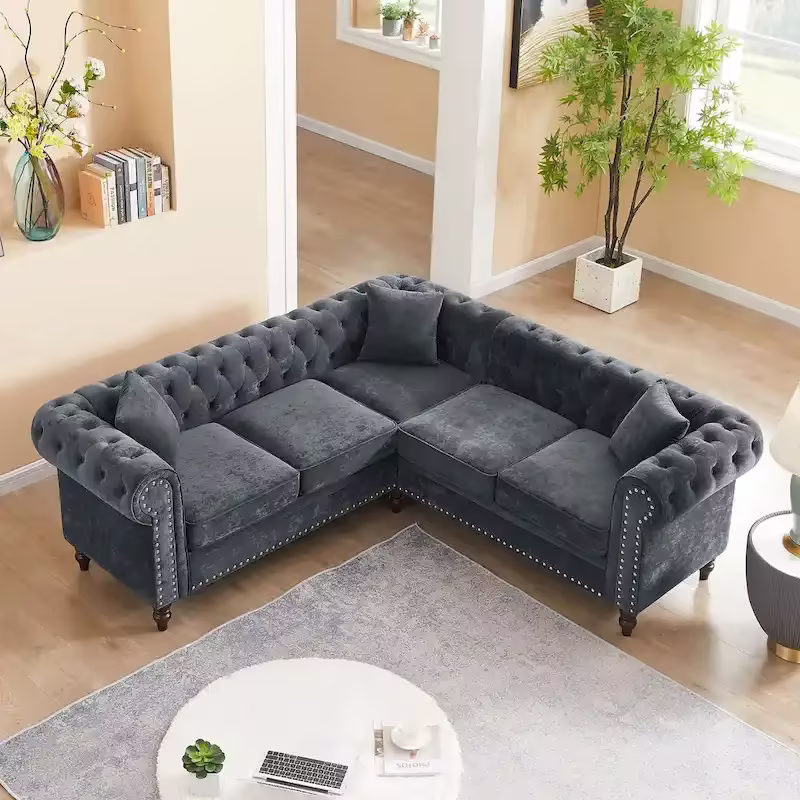Classic Chesterfield L-Shaped Sectional Sofa with Deep Buttoned Rolled Arms