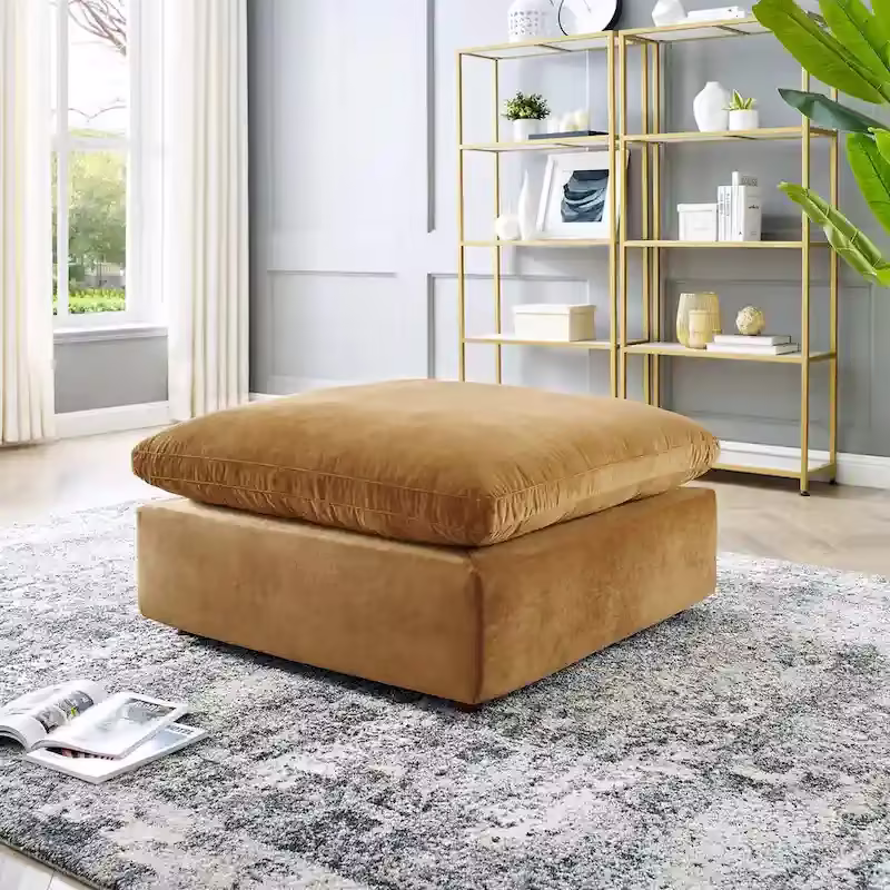 Commix Overstuffed Velvet Ottoman with Down Fill for Enhanced Comfort