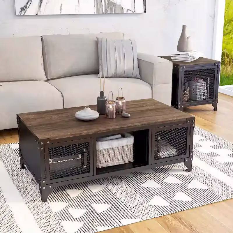 Conner Rustic Dark Walnut Steel 2-Piece Coffee and End Table Set by Furniture of America