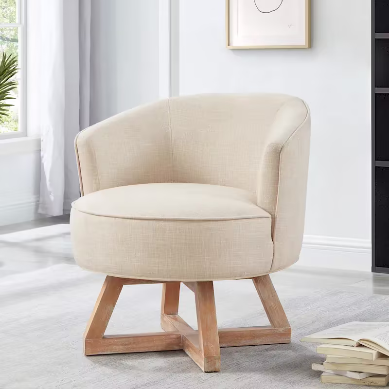 Contemporary 27-Inch Beige Linen Swivel Barrel Chair