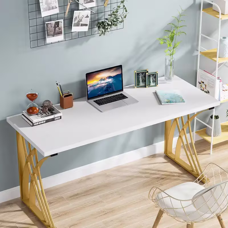Contemporary 55-Inch Gold and White Computer Desk - Versatile Dining, Vanity, and Conference Table with Elegant Gold Legs