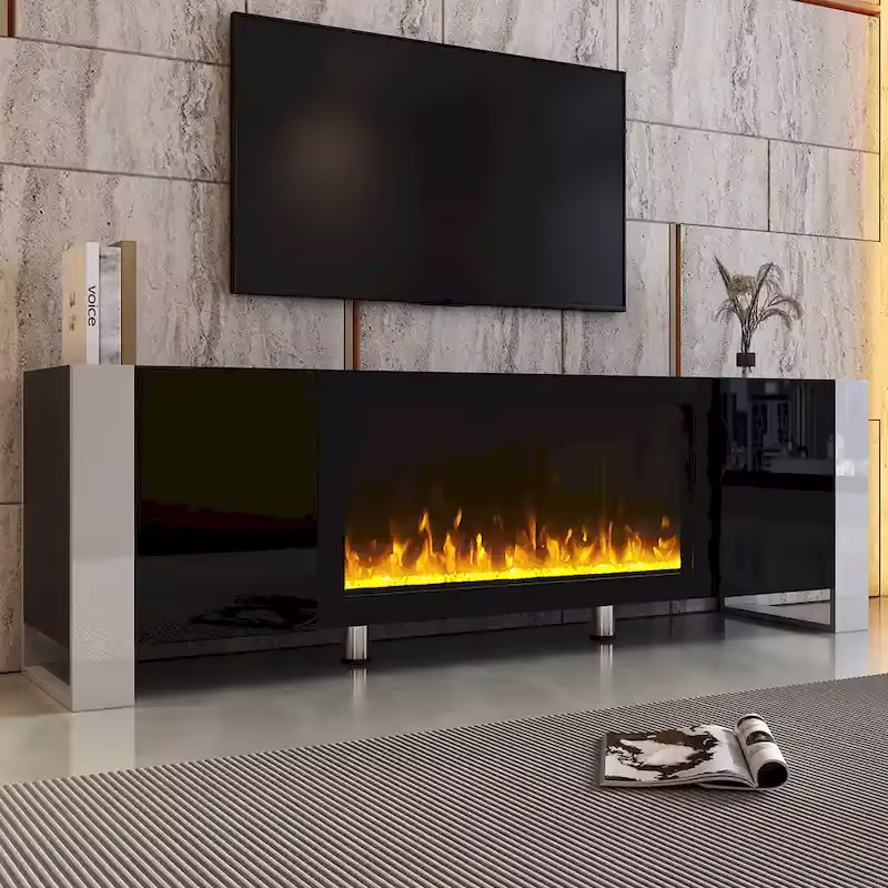 Contemporary Black 68.1" TV Stand with Fireplace and 2 Spacious Cabinets for TVs Up to 78"