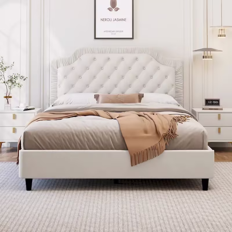 Contemporary Queen Upholstered Bed with Ruched Button-Tufted Headboard, Sturdy Wooden Frame and Metal Base – Box Spring Not Required
