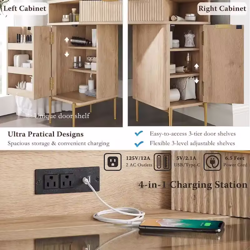 Contemporary Fluted Makeup Vanity Table with 3-Way Mirror and Integrated Lighting