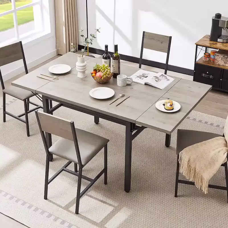 Contemporary Industrial 63.2" Extendable Dining Table with Drop Leaf, Accommodates 6