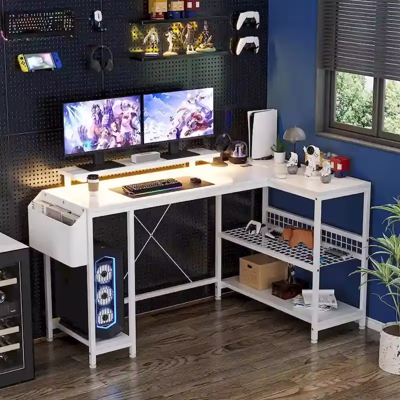 Contemporary L-Shaped Computer Desk with Built-In Power Outlets and LED Lighting