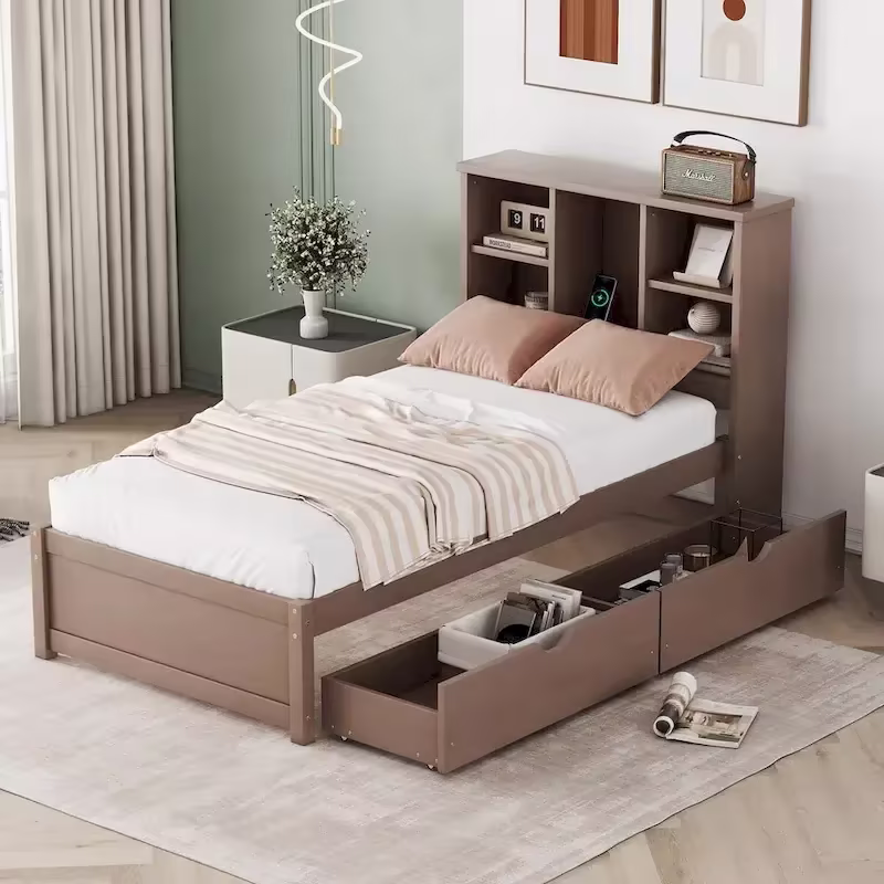 Contemporary Twin Bed Frame with USB Charging Port, Bookcase Headboard, and Dual Drawers for Bedroom or Living Room