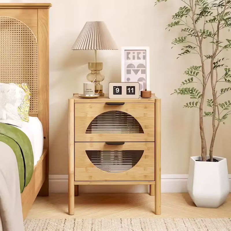 Costway Bamboo Nightstand with 2 Storage Drawers - Available in 1 or 2 Pieces with Reeded Design