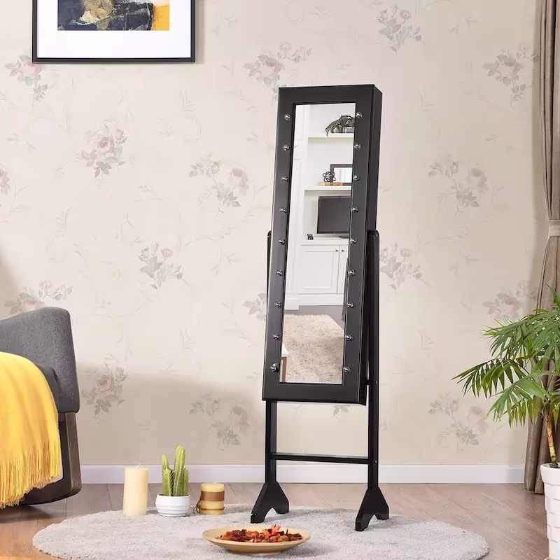Costway Black Mirrored Jewelry Cabinet Organizer with 18 LED Lights