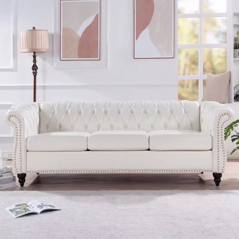 Cream 84.65 Traditional Chesterfield 3-Seater Sofa in PU Leather