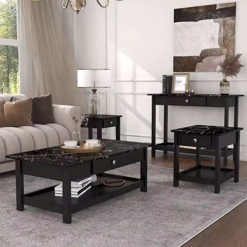 Denhour DH BASIC 4-Piece Open-Shelf Coffee Table Set with Drawer in Transitional Rubberwood