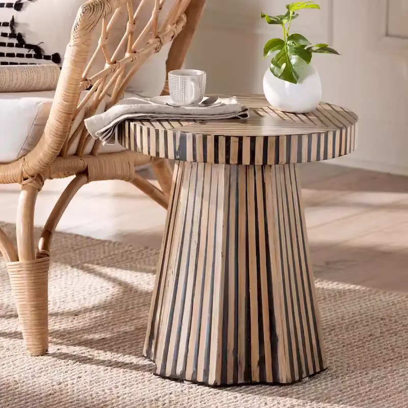 Devika Contemporary Bohemian Two-Tone Bamboo End Table in Natural and Dark Brown