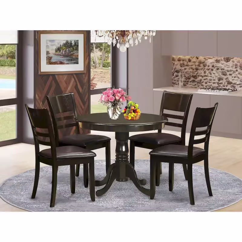 East West Furniture 5-Piece Round Dining Set - Cappuccino Kitchen Table with 4 Chairs (Seat Options Available)