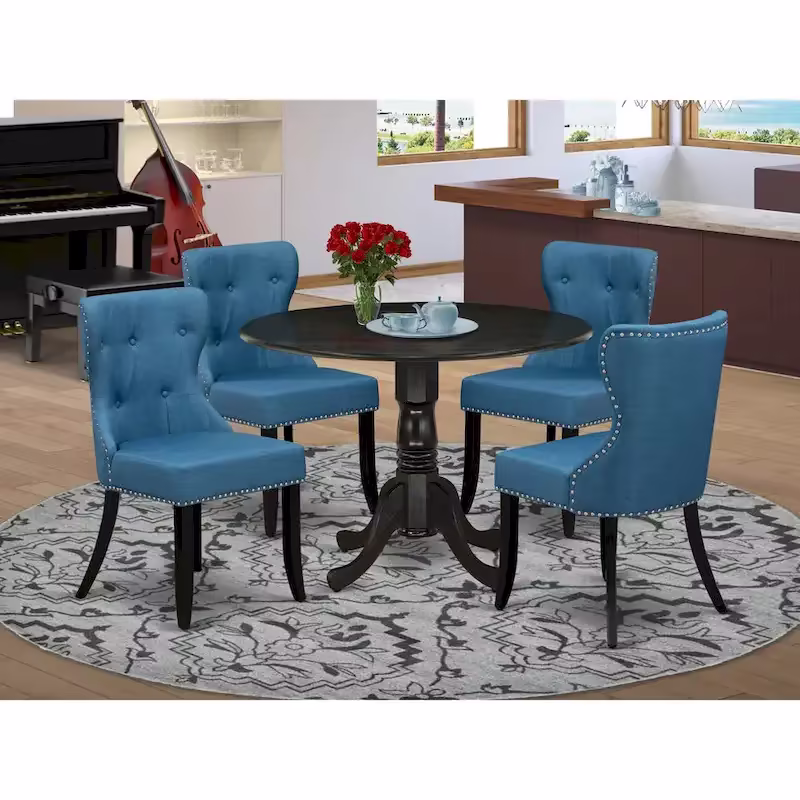 East West Furniture Round Kitchen Table Set - Black Wire-Brushed Finish with Blue Linen Chairs (Multiple Piece Options)