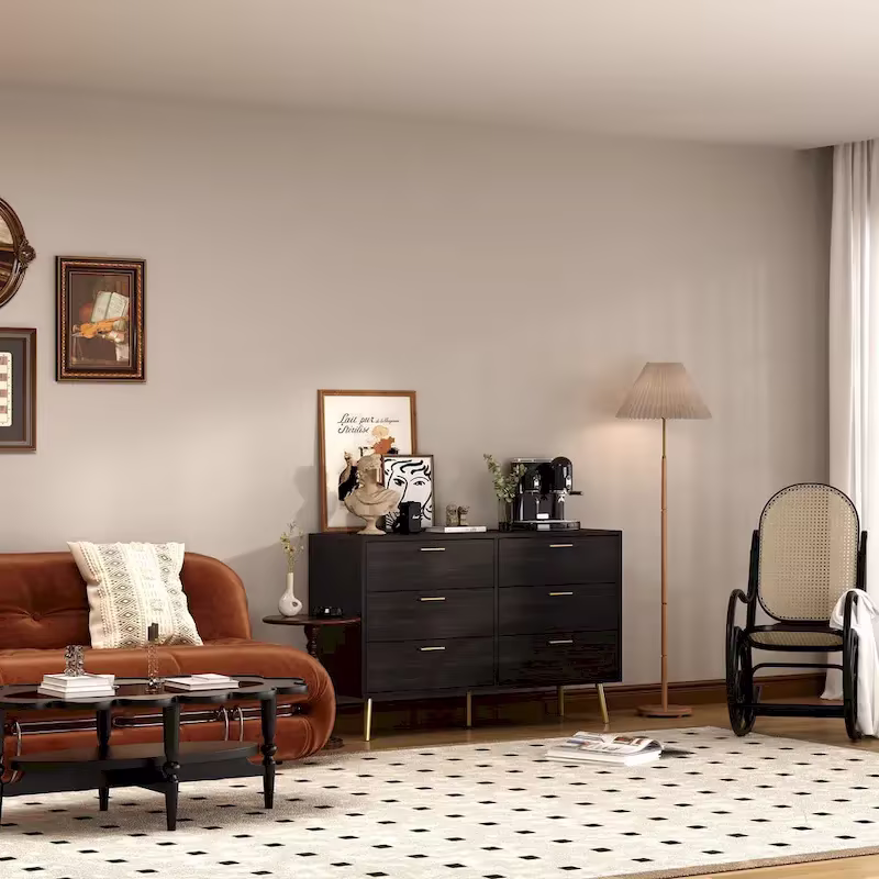 Elegant 6-Drawer Double Dresser with Gold Accents for Stylish Bedroom Storage