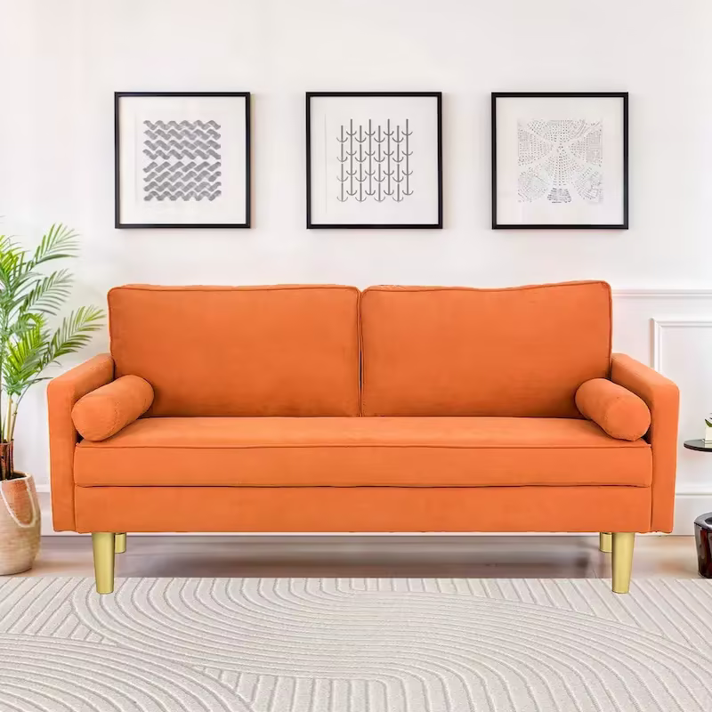 Elegant 65-Inch Orange Polyester 2-Seater Loveseat with Side Pockets and Round Cushions