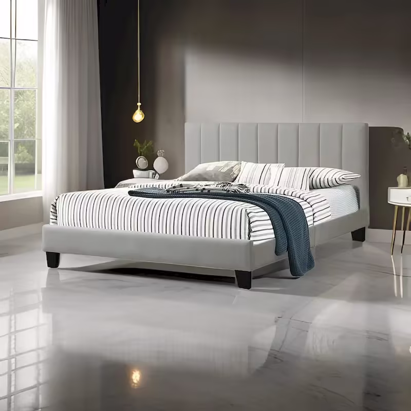Eve California King Bed with Deep Channel Tufting in Light Gray Upholstery