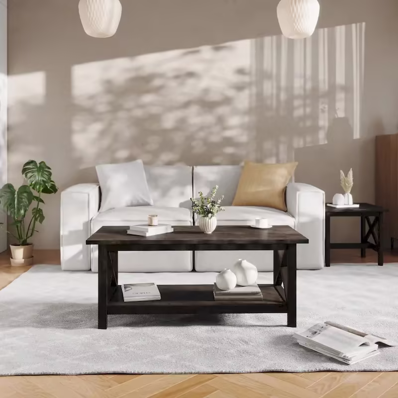 Farmhouse Coffee Table with Shelf and X-Frame Design